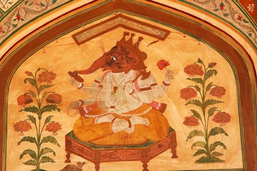 16th Century Mural of Lord Ganesh, Hindu God, Amber Fort, Jaipur, India

