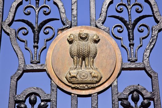 Indian Four Lions Emblem Rashtrapati Bhavan Gate The Iron Gates Official Residence President New Delhi India Lions from Ashoka Emperor Symbolize Power Courage Pride and Confidence