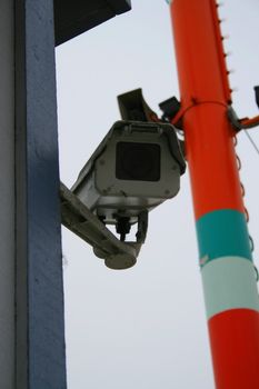 Close up of a surveillance camera.
