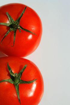 Close up of the red tomatos on a white background.
