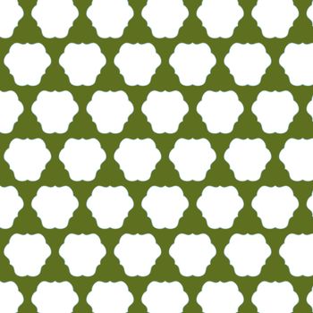 An abstract background pattern done in white on a green background. The white motif is a triangle that is softened by the addition of curves. The pattern is a contemporary update of 19th century floral wallpaper designs.