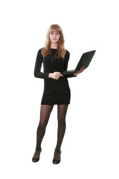 The business woman with a computer on a white background