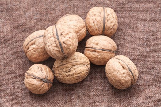 walnuts close up on the burlap background