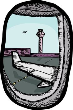 View of airport from airplane window illustration