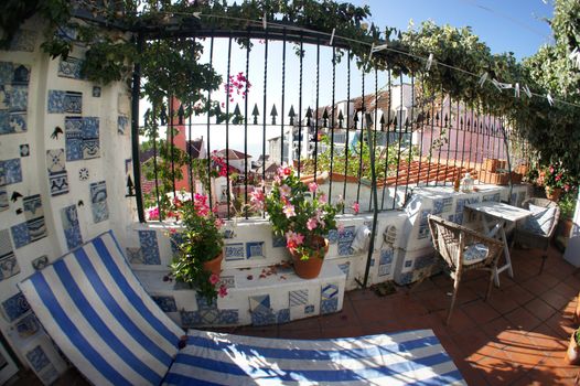 Luxury well designed terrace with a lot of flowers         