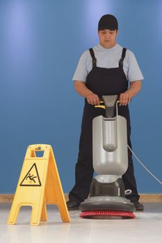 cleaning floor with machine