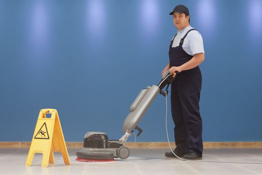 cleaning floor with machine