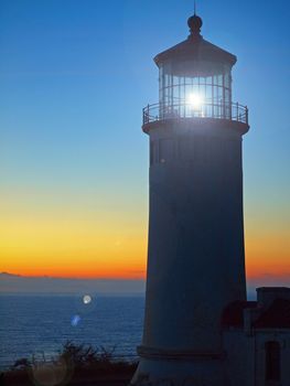 Light Shining in the North Head Lighthouse on the Washington Coast at Sunset