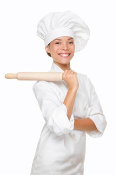 Baker woman smiling proud with baking rolling pin. Chef or baker in uniform hat hat smiling happy portrait isolated on white background. Multiracial Caucasian Asian woman baker.