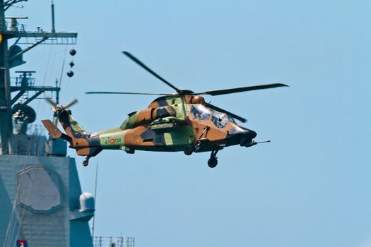 MALAGA, SPAIN-MAY 28: Helicopter Eurocopter EC-665 Tiger of the FAMET taking part in an exhibition on the day of the spanish army forces on May 28, 2011, in Malaga, Spain
