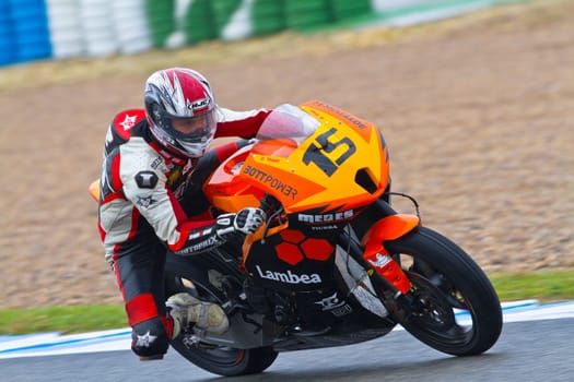 JEREZ DE LA FRONTERA, SPAIN - NOV 20: Moto2 motorcyclist Manuel Tirado takes a curve in the CEV Championship race on November 20, 2011 in Jerez de la Frontera, Spain.
