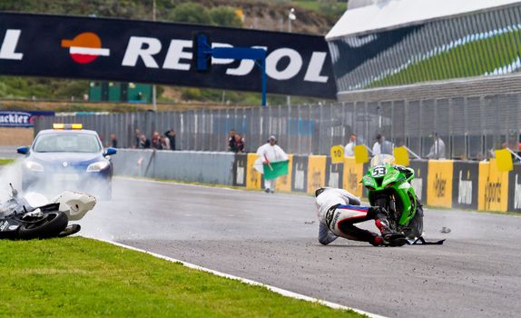 JEREZ DE LA FRONTERA, SPAIN - NOV 20: accident on the begin or the Stock Extreme rece in the CEV Championship race on November 20, 2011 in Jerez de la Frontera, Spain