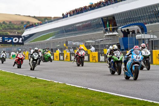JEREZ DE LA FRONTERA, SPAIN - NOV 20: accident on the begin or the Stock Extreme rece in the CEV Championship race on November 20, 2011 in Jerez de la Frontera, Spain
