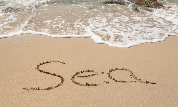 Sand drawing on warm beach by ocean surf in Caribbean spelling Sea