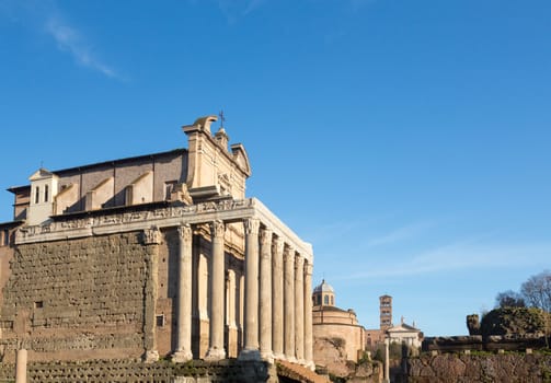 Details of remains and ruins in Ancient Rome Italy showing Temple of Antoninus and Faustina