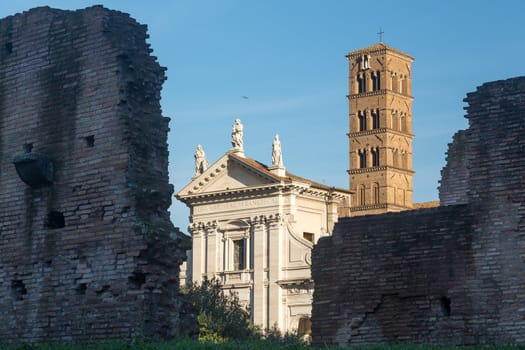 Details of remains and ruins in Ancient Rome Italy showing Santa Francesca Romana