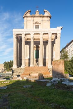 Details of remains and ruins in Ancient Rome Italy showing Temple of Antoninus and Faustina