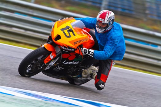 JEREZ DE LA FRONTERA, SPAIN - NOV 19: Moto2 motorcyclist Manuel Tirado takes a curve in the CEV Championship race on November 19, 2011 in Jerez de la Frontera, Spain.