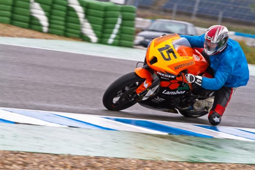 JEREZ DE LA FRONTERA, SPAIN - NOV 19: Moto2 motorcyclist Manuel Tirado takes a curve in the CEV Championship race on November 19, 2011 in Jerez de la Frontera, Spain.
