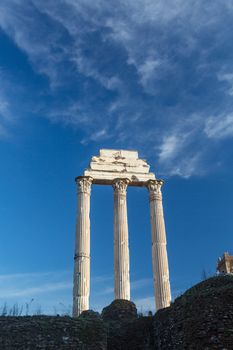 Details of remains and ruins in Ancient Rome Italy showing Temple of Castor and Pollux