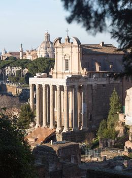 Details of remains and ruins in Ancient Rome Italy showing Temple of Antoninus and Faustina