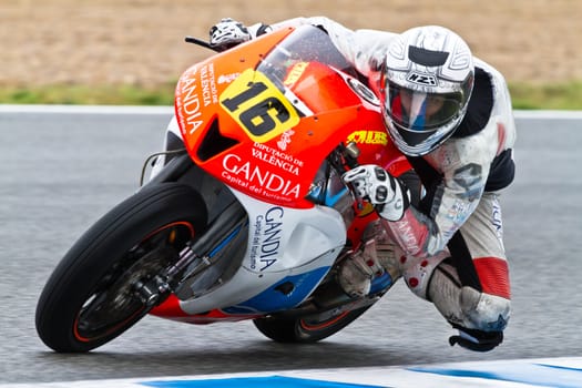 JEREZ DE LA FRONTERA, SPAIN - NOV 19: Moto2 motorcyclist Oscar Climent takes a curve in the CEV Championship race on November 19, 2011 in Jerez de la Frontera, Spain.