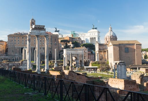 Details of remains and ruins in Ancient Rome Italy showing Temple of Castor and Pollux