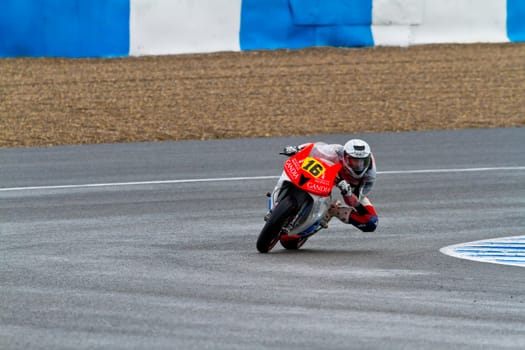 JEREZ DE LA FRONTERA, SPAIN - NOV 20: Moto2 motorcyclist Oscar Climent takes a curve in the CEV Championship race on November 20, 2011 in Jerez de la Frontera, Spain.