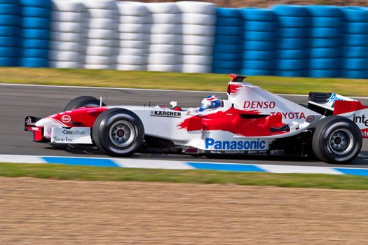 JEREZ DE LA FRONTERA, SPAIN - JUN 22: Olivier Panis of Toyota F1 races on training session on  June 22 , 2005, in Jerez de la Frontera , Spain