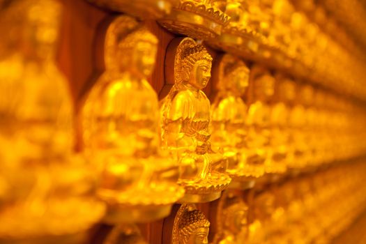 golden Image buddhas lined up along the wall of buddhist temple