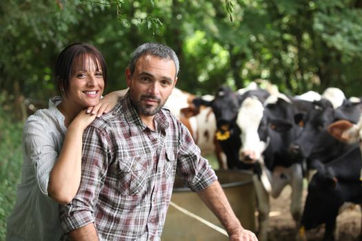 Farmer and his wife in front of their cows