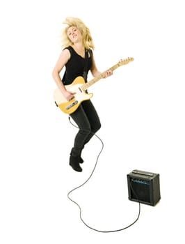 Young woman playing electric guitar isolated on white background