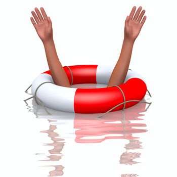 Rescue buoy and drowning hands, helping concept