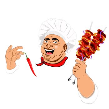 Funny Chef and delicious hot skewers of lamb