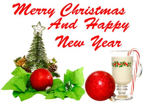 A Christmas design with a Christmas tree holly leaves and a red Christmas decoration ball on white.