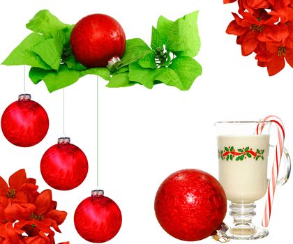 An arrangement of Christmas decorations on white with room for your text