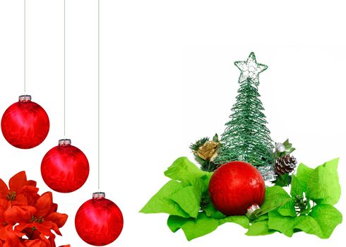 A Christmas design with red Christmas balls, poinsettia leaves, a Christmas tree and star a pine cone and a flower on white with room for your text
