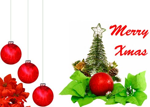 A Christmas design with red Christmas balls, poinsettia leaves, a Christmas tree and star a pine cone and a flower on white with room for your text