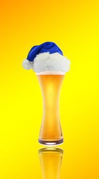 Beer and hat of Santa Claus on a yellow background