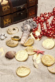 golden coins with marine treasures