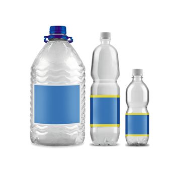 Bottled water in 5 sizes isolated