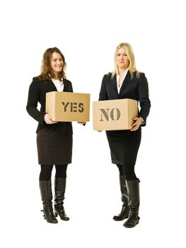 Two women with Cardboard boxes isolated on white background