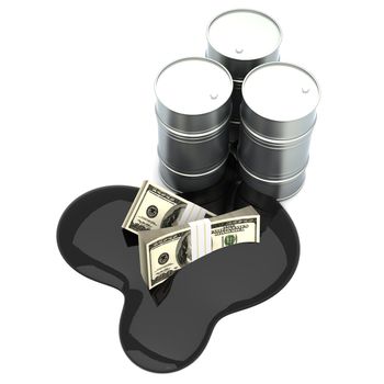 A oil barrell with Dollar notes. 3D rendered Illustration. Isolated on white.