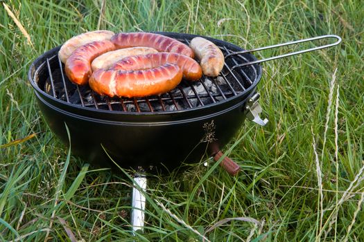 Tasty grilled sausages, outdoor barbecue on grass