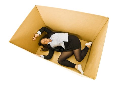 Afraid Woman in a cardboard box isolated on white background