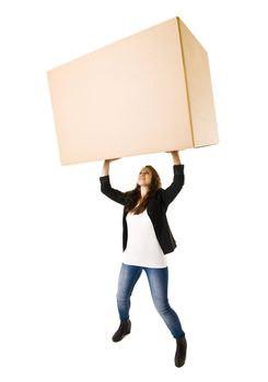 Woman with a very large Cardboard Box over her Head