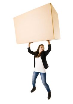 Woman with a very large Cardboard Box over her Head