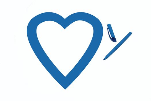 Heart shape colored blue by office highlighter on white background