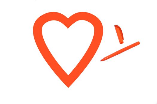 Heart shape colored orange by office highlighter on white background