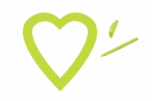 Heart shape colored yellow by office highlighter on white background